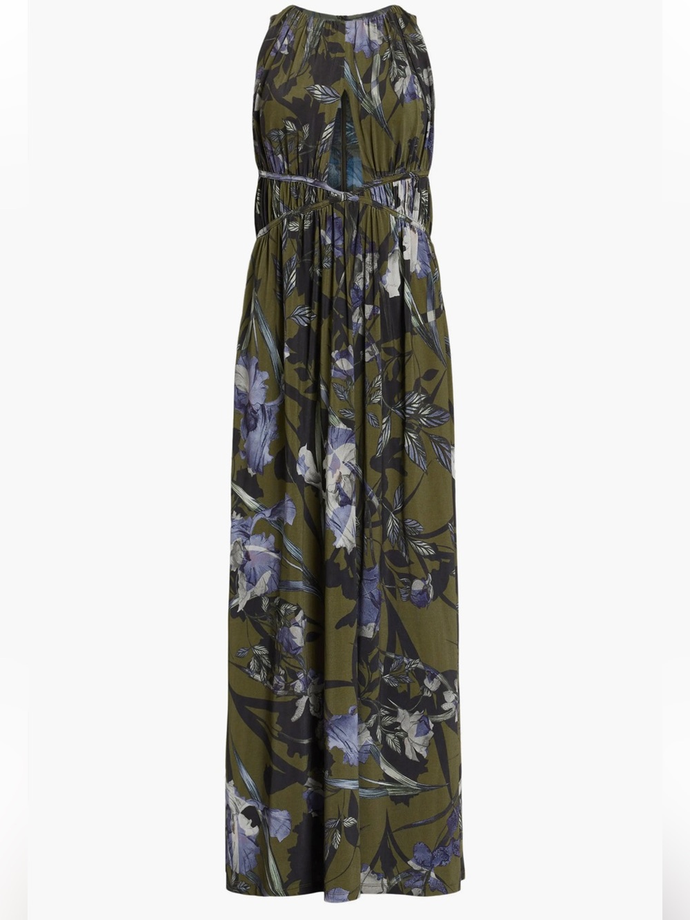 NWT All Saints Olive Floral Maxi Dress with Black Blue and Gray Print